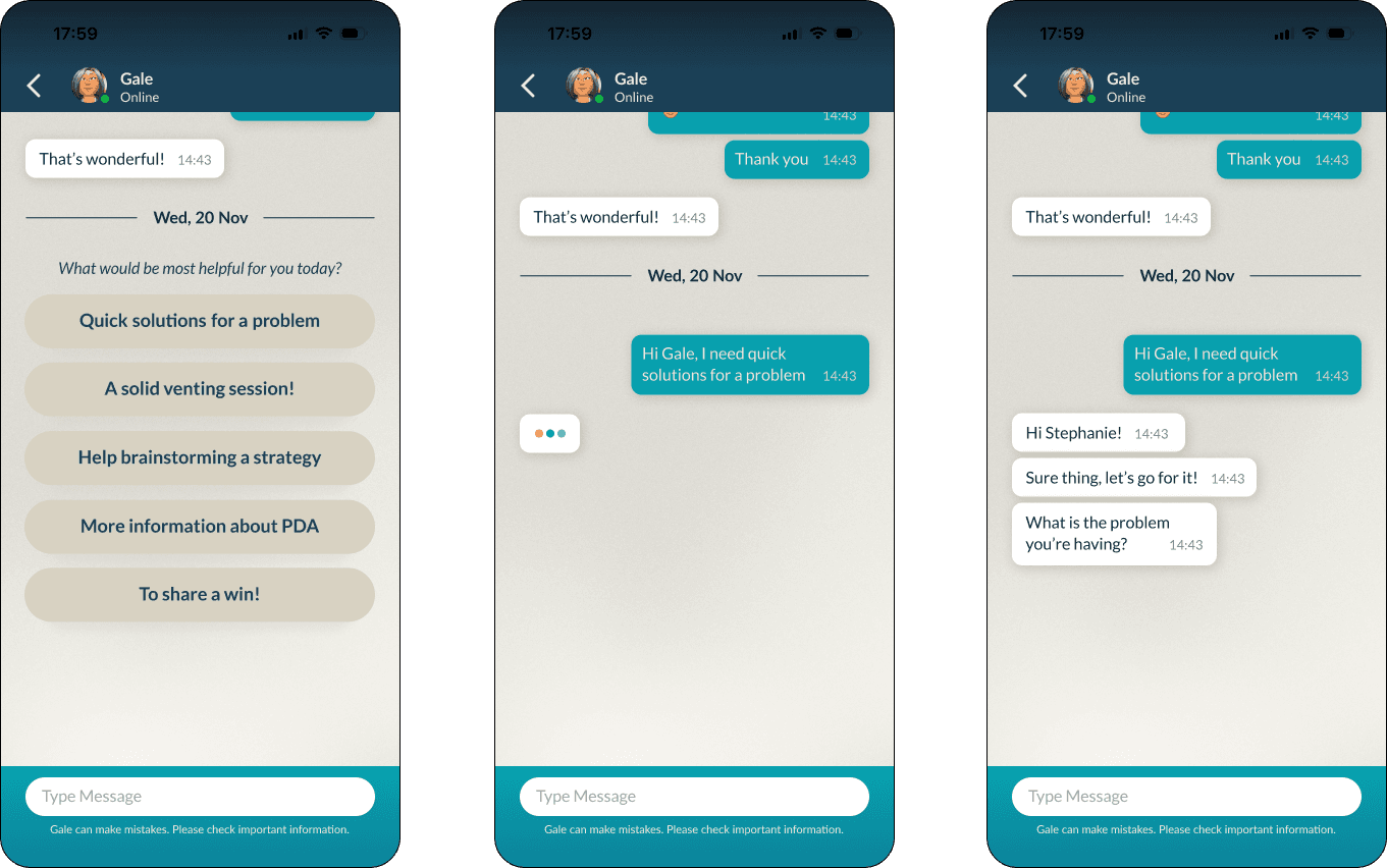 Goal Check in the shipped app: Gale asks what would help most today, with tappable intents