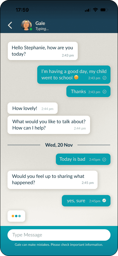 A Gale text chat session in the shipped app