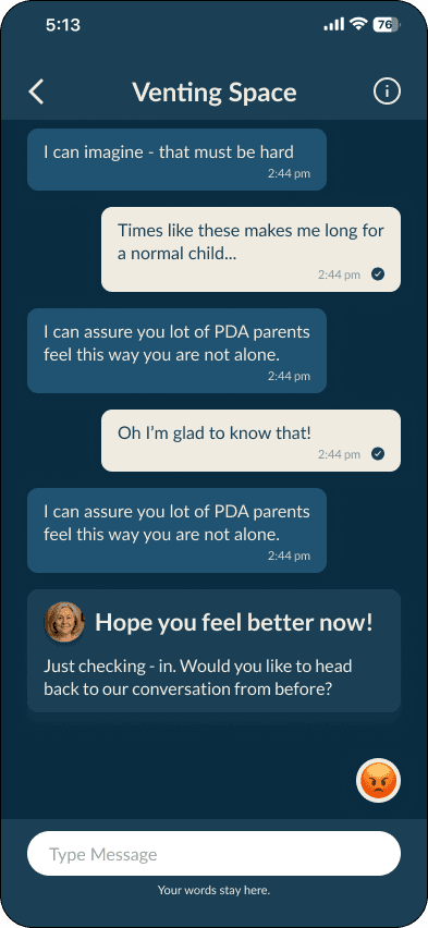 Venting Space in the app: Gale listens without advice, questions or judgment